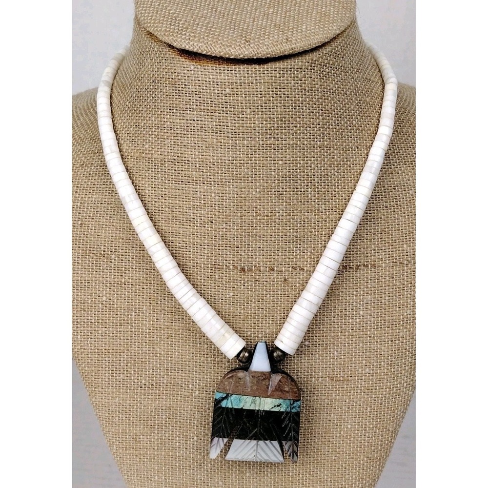 Vintage Zuni Inlay Native Necklace Large Phoenix Eagle Bird Pendant Stone Bone?